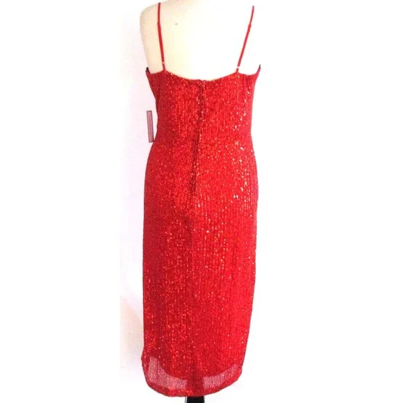 Designer Premier Amour Red Sequin Midi Length Spaghetti Strap Pencil Dress 16.R - Picture 2 of 16